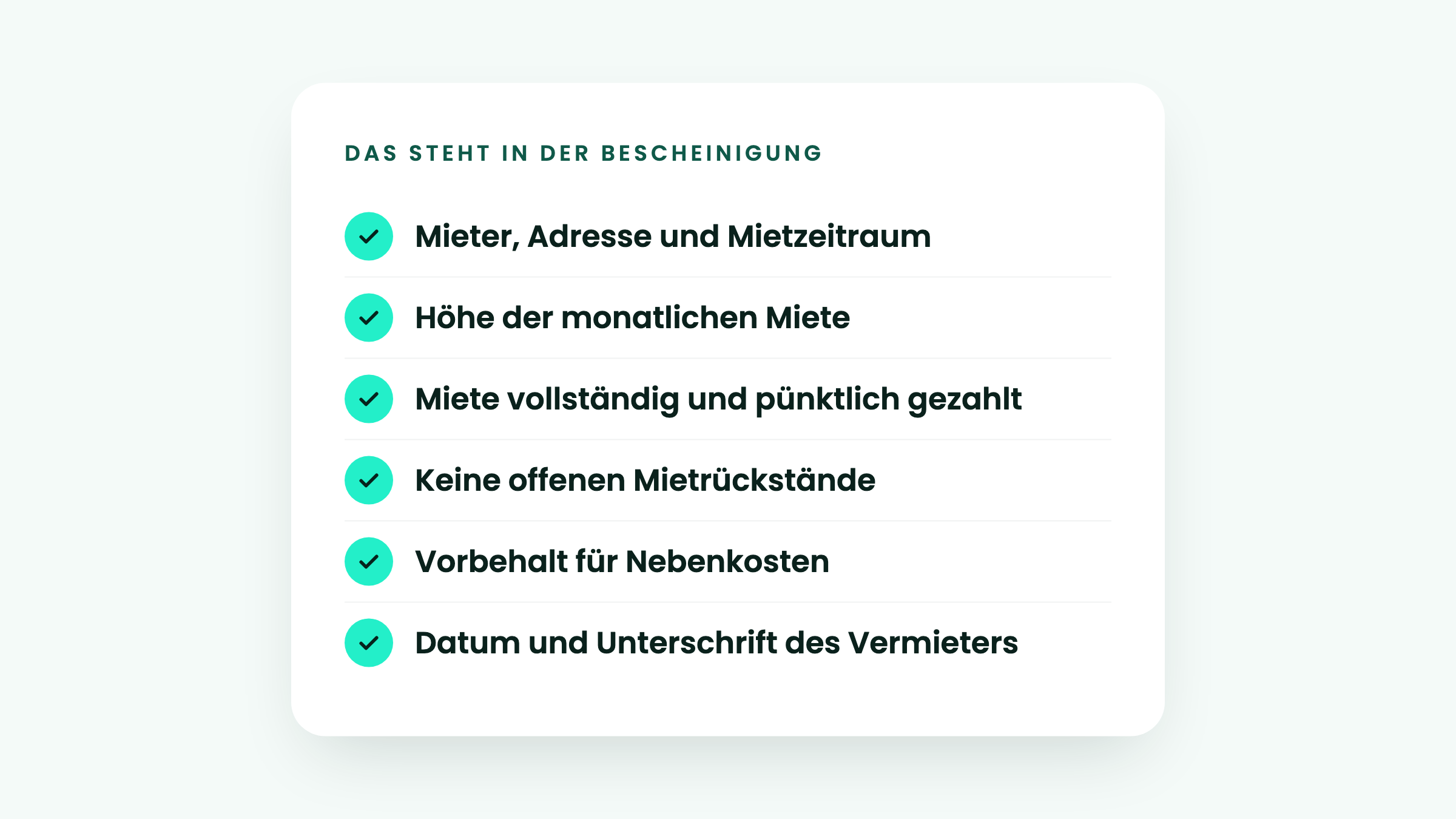 Inhalt der Mietschuldenfreiheitsbescheinigung: Mietzeitraum, Miethöhe, keine Rückstände, Nebenkosten-Vorbehalt, Unterschrift