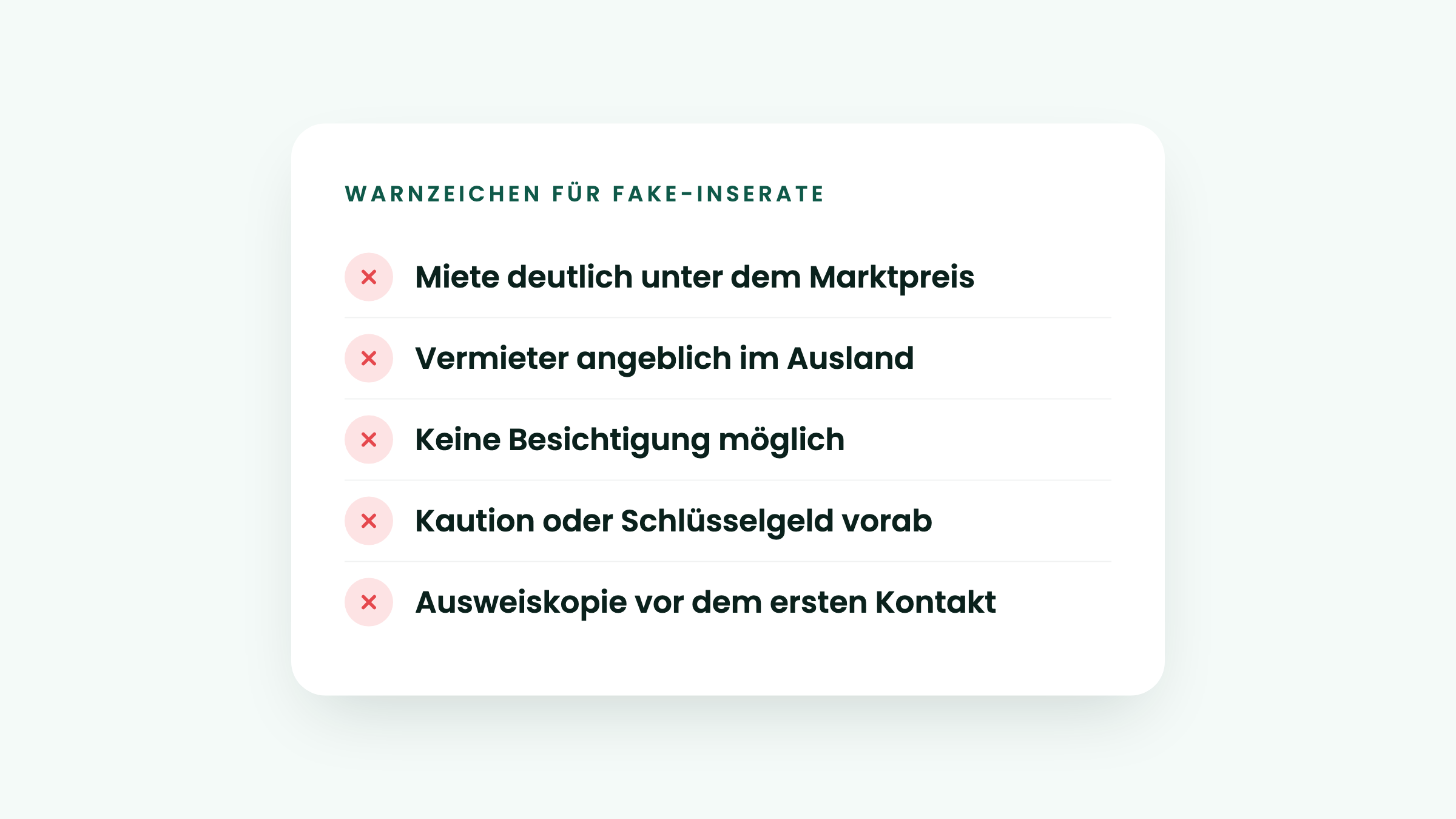 Warnzeichen Fake-Inserate bei der Wohnungssuche: Miete unter Marktpreis, Vermieter im Ausland, keine Besichtigung, Vorkasse, Ausweiskopie