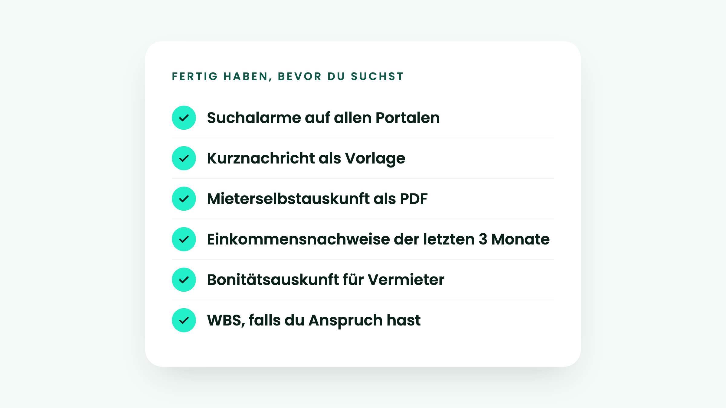 Checkliste schnell Wohnung finden: Suchalarme, Vorlage, Mieterselbstauskunft, Einkommensnachweise, Bonitätsauskunft, WBS