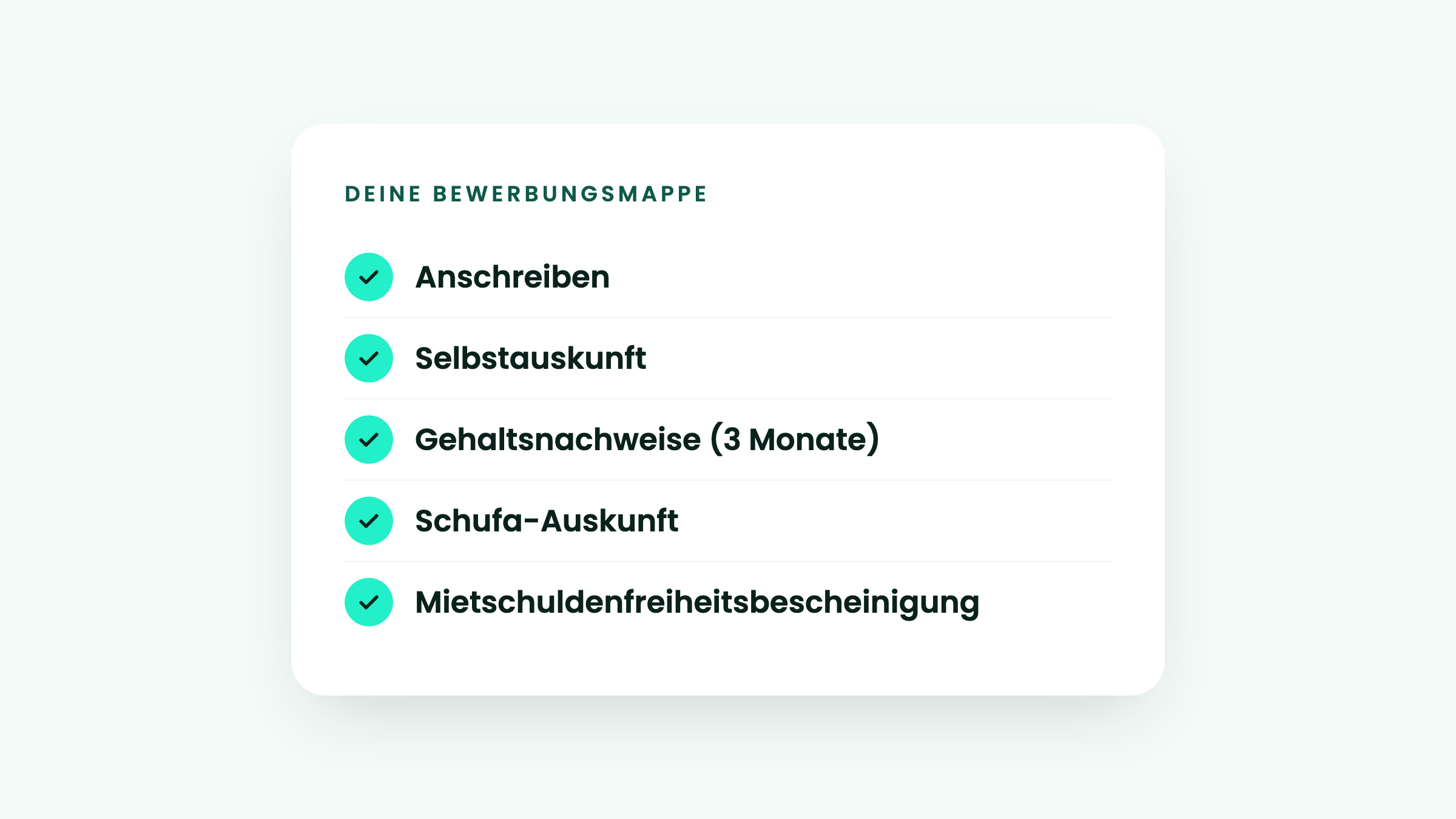 Checkliste Wohnungsbewerbung: Anschreiben, Selbstauskunft, Gehaltsnachweise, Schufa-Auskunft, Mietschuldenfreiheitsbescheinigung